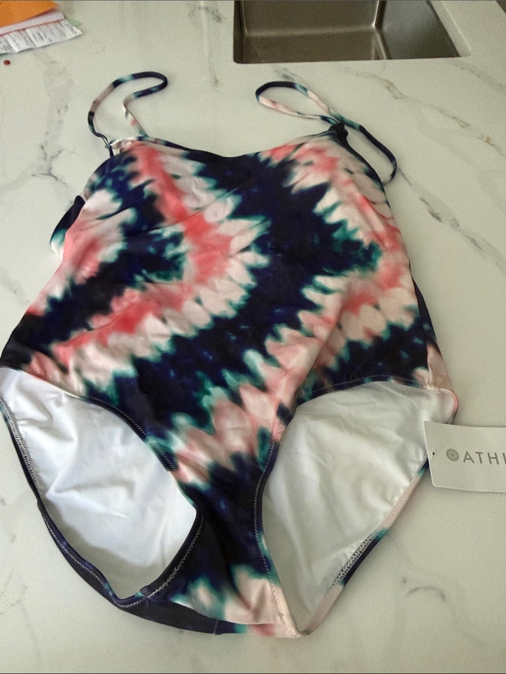 Athleta Tie-Dye One-Piece Swimsuit in Navy, Pink & Teal